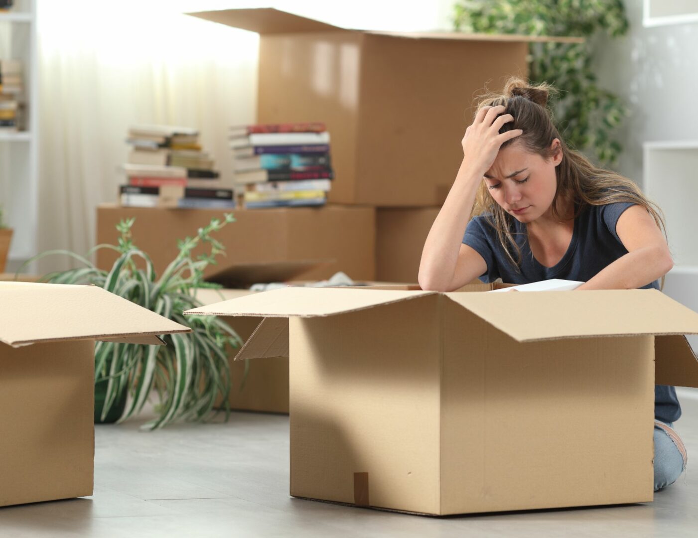 a woman packing boxes sadly